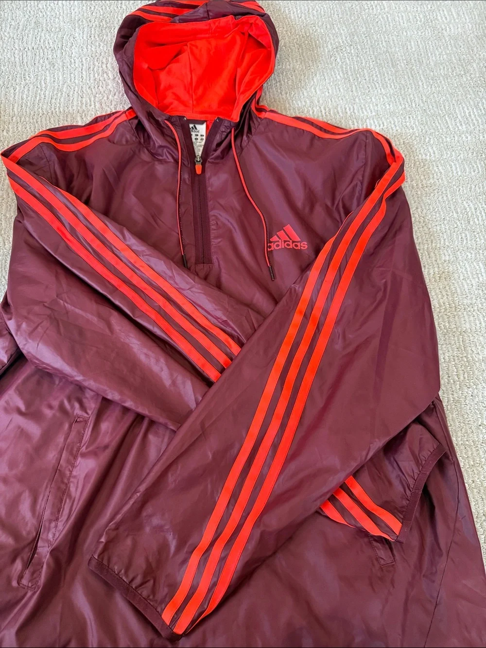 adidas Burgundy Windbreaker with neon Red Stripe Accents and Hood-large